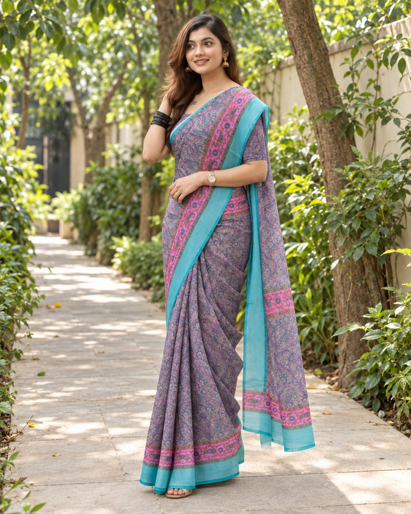 Lavender Paisley Print Chanderi Saree