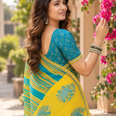 Teal & Yellow Leheriya Peacock Border Saree
