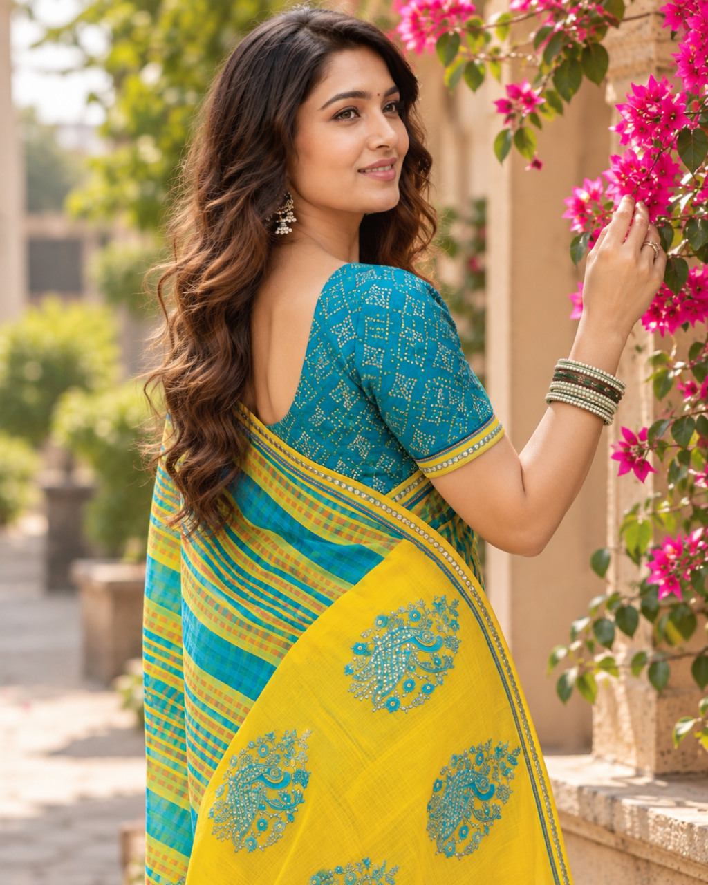 Teal & Yellow Leheriya Peacock Border Saree
