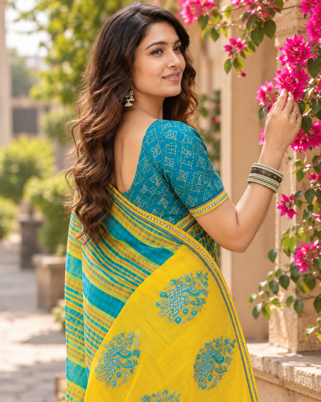 Teal & Yellow Leheriya Peacock Border Saree