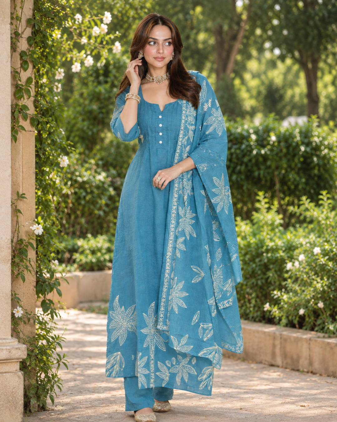 Ocean Blue Leaf Foliage Kurti Set