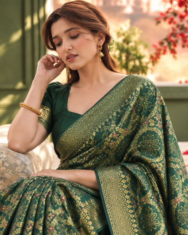 Bottle Green Bandhani Print Weave Silk Saree