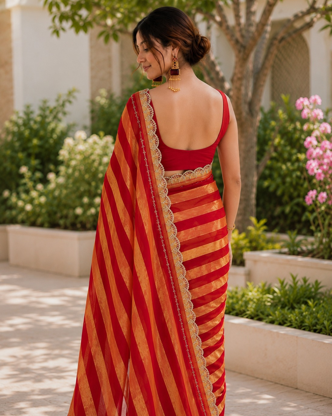 Crimson Red Leheriya Striped Fandy Silk Saree