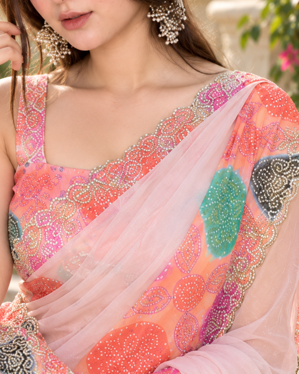 Blush Pink Multicolor Polka Dot Fandy Silk Saree