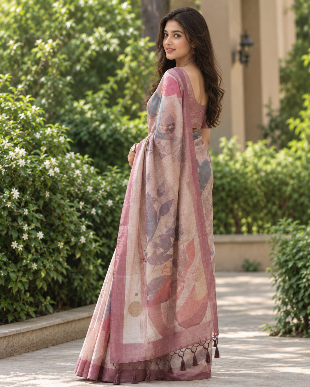Dusty Rose & Slate Abstract Contour Premium Silk Saree