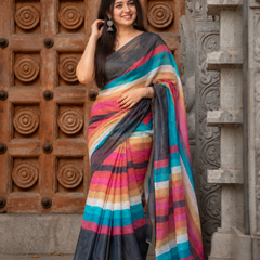Charcoal Black & Teal Multi-Tone Striped Linen Saree