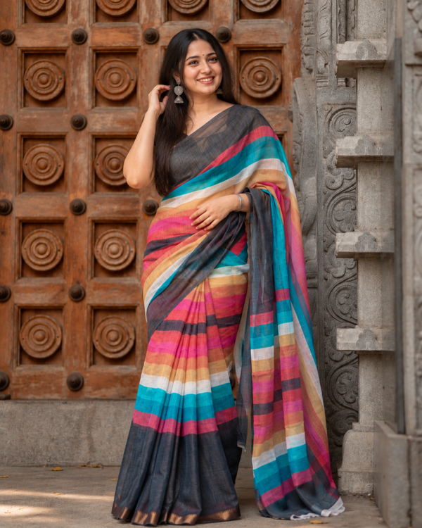 Charcoal Black & Teal Multi-Tone Striped Linen Saree