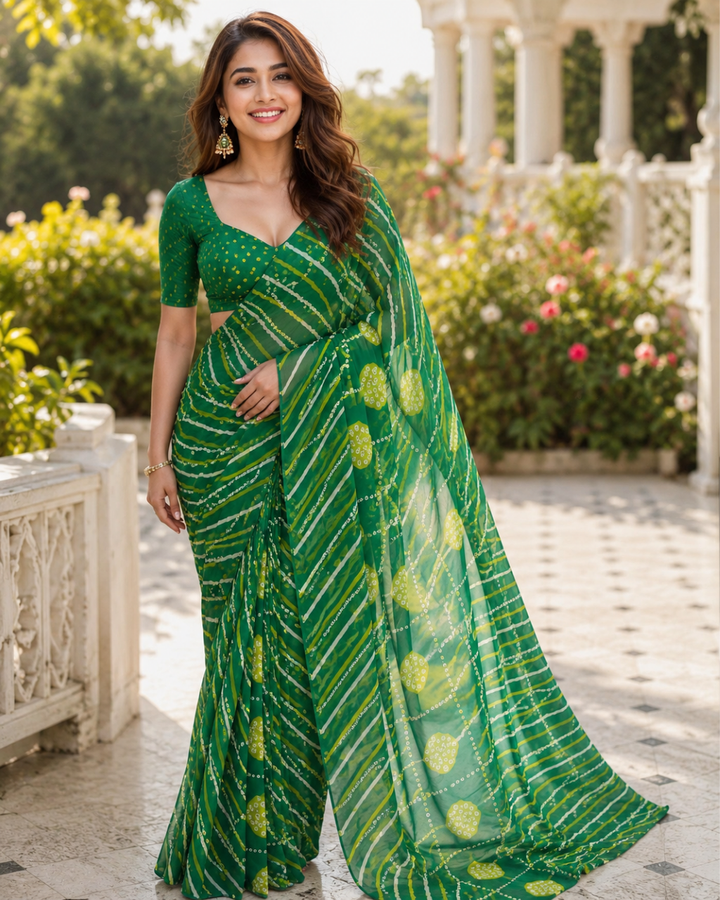 Emerald Green Bandhani Leheriya Wave Saree