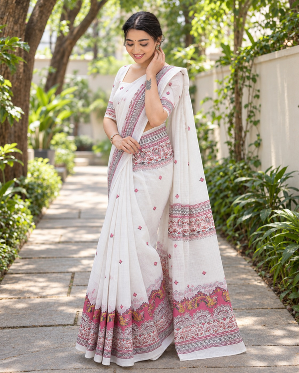Ivory Rosewood Temple Border Chanderi Saree
