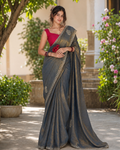 Charcoal Grey Gold Shimmer Scallop Premium Silk Saree