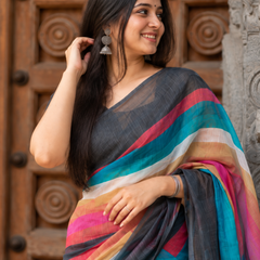 Charcoal Black & Teal Multi-Tone Striped Linen Saree