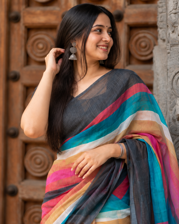 Charcoal Black & Teal Multi-Tone Striped Linen Saree