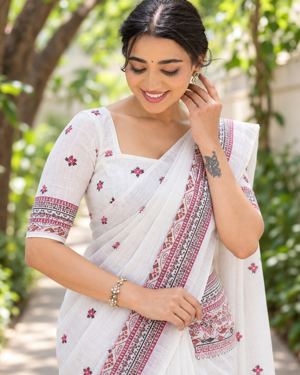 Ivory Rosewood Temple Border Chanderi Saree