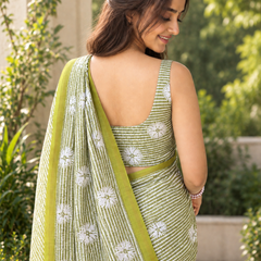 Olive Green Pinstripe Mandala Chanderi Saree