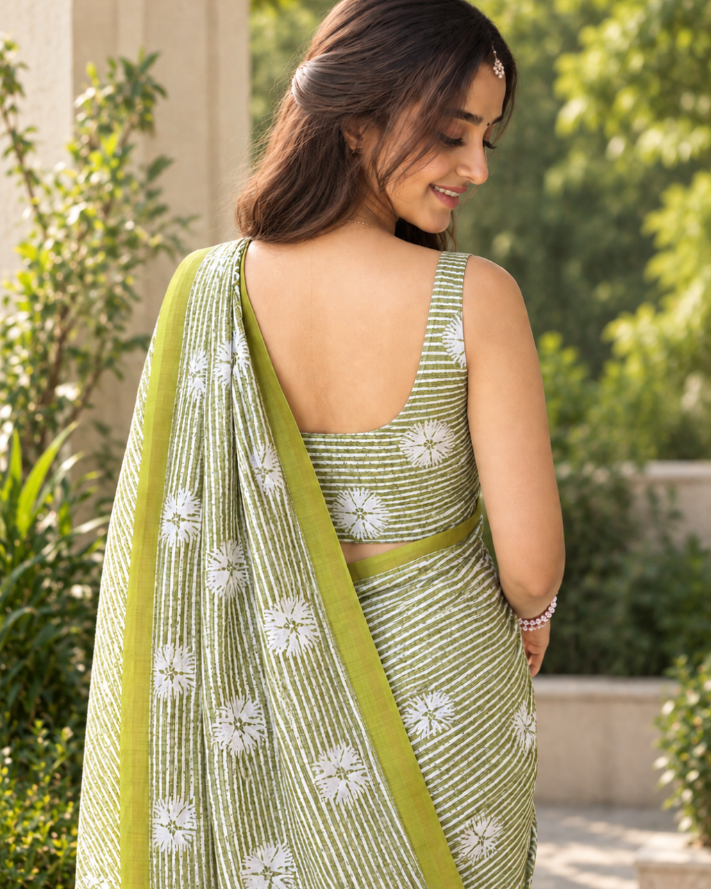 Olive Green Pinstripe Mandala Chanderi Saree