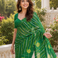 Emerald Green Bandhani Leheriya Wave Saree