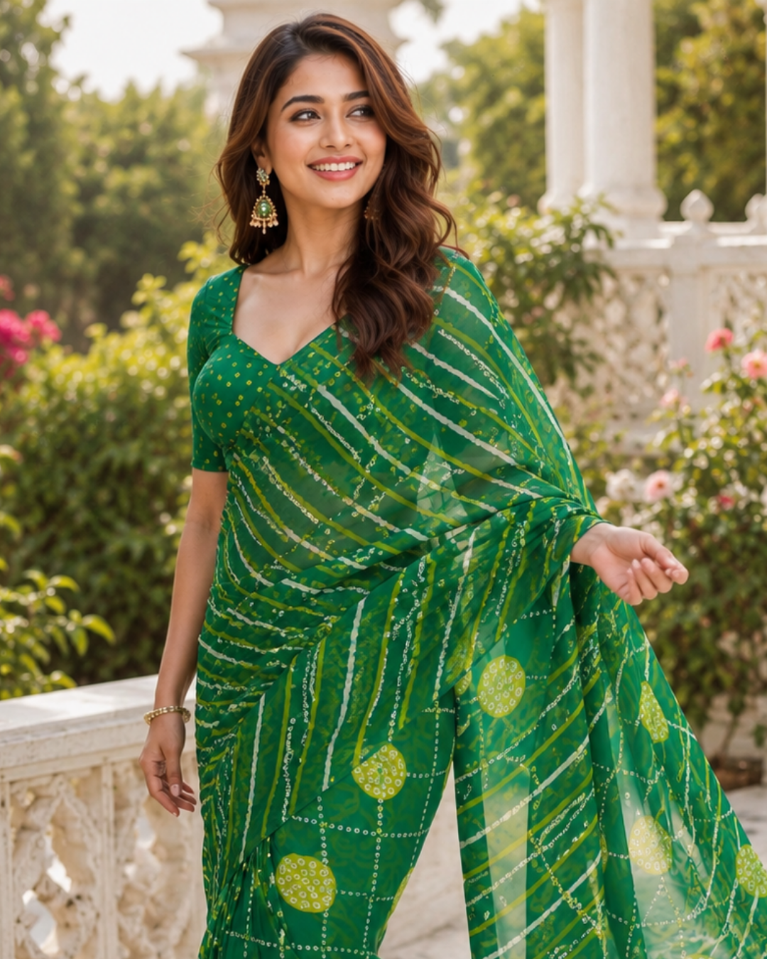 Emerald Green Bandhani Leheriya Wave Saree