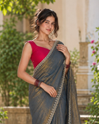 Charcoal Grey Gold Shimmer Scallop Premium Silk Saree