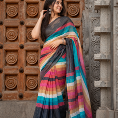 Charcoal Black & Teal Multi-Tone Striped Linen Saree