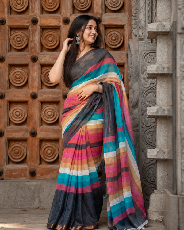 Charcoal Black & Teal Multi-Tone Striped Linen Saree