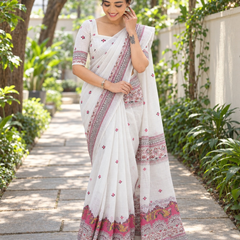 Ivory Rosewood Temple Border Chanderi Saree