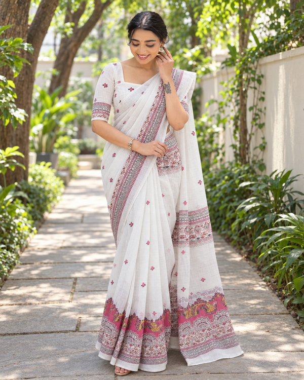 Ivory Rosewood Temple Border Chanderi Saree