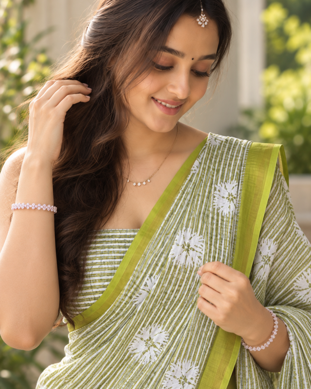 Olive Green Pinstripe Mandala Chanderi Saree