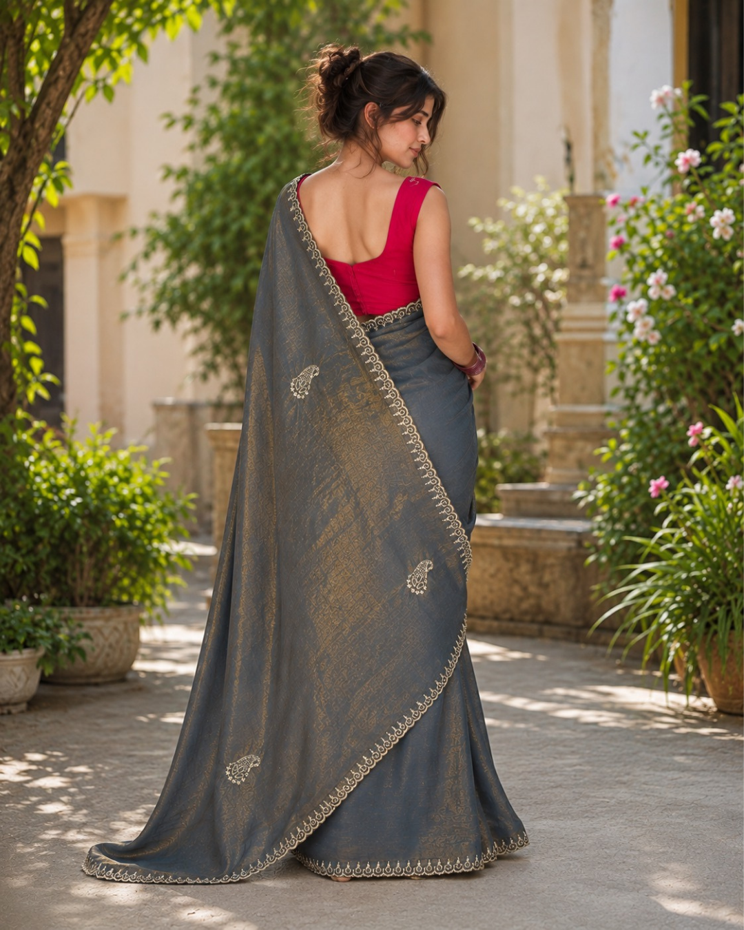 Charcoal Grey Gold Shimmer Scallop Premium Silk Saree