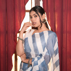 Dusty Blue & White Bold Chevron Striped Linen Saree