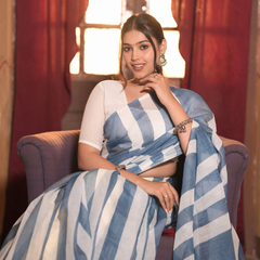 Dusty Blue & White Bold Chevron Striped Linen Saree