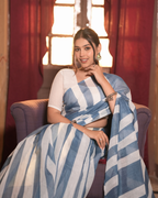 Dusty Blue & White Bold Chevron Striped Linen Saree