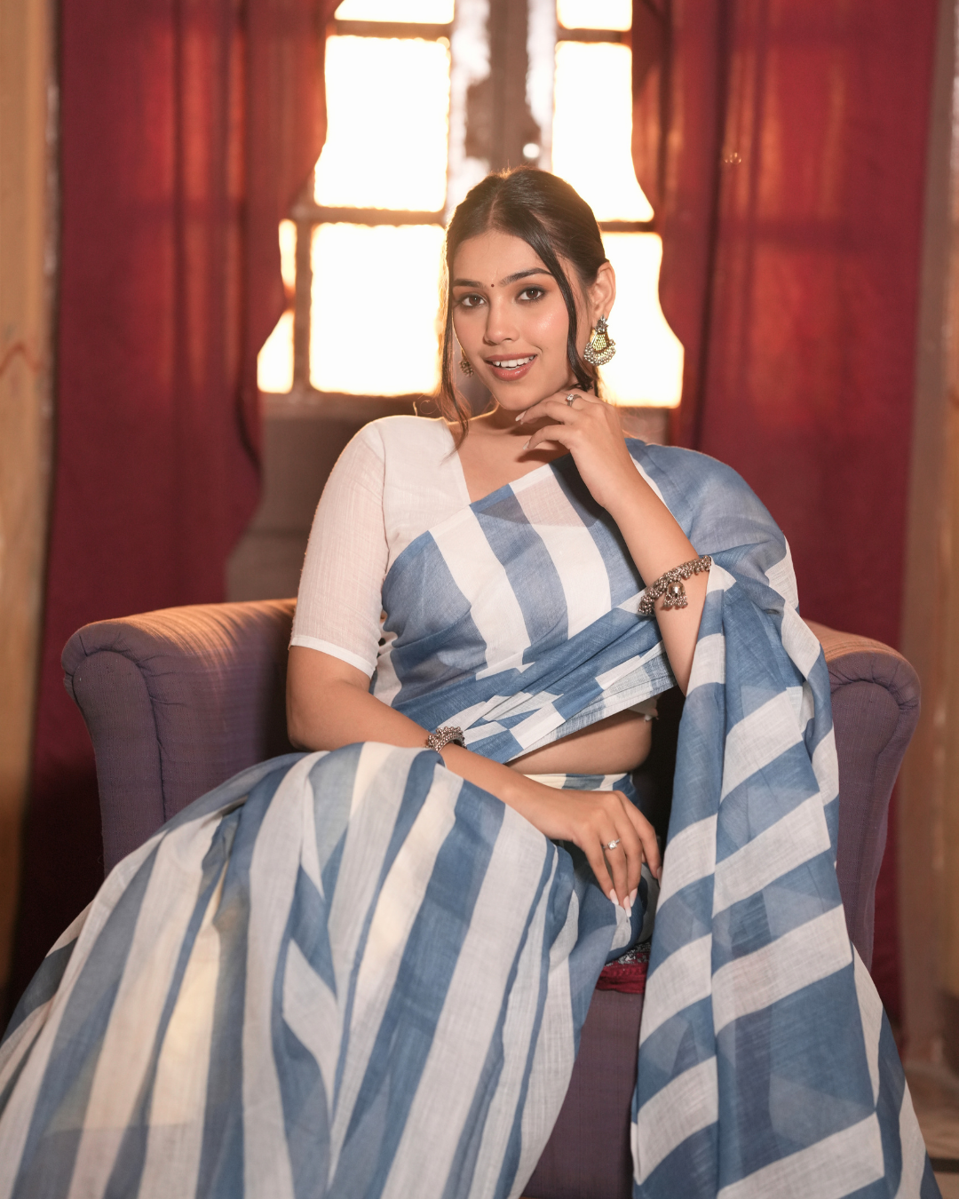 Dusty Blue & White Bold Chevron Striped Linen Saree