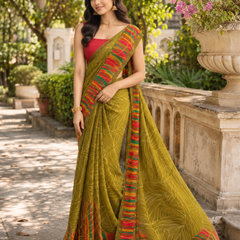 Olive Green Leaf Sketch Multicolor Border Saree