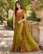 Olive Green Leaf Sketch Multicolor Border Saree