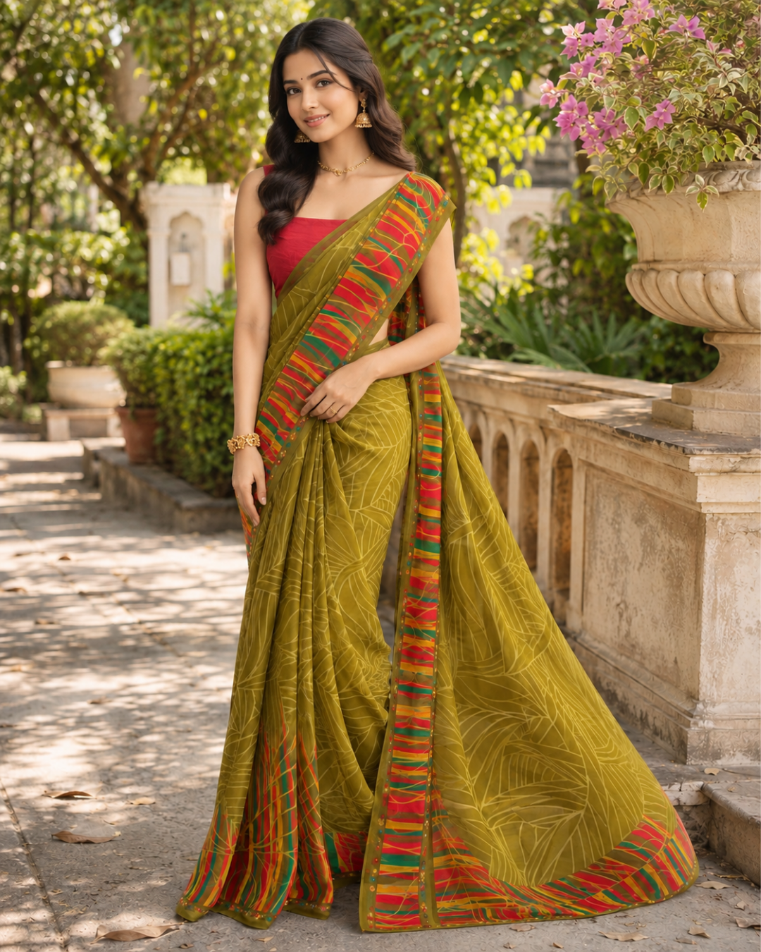 Olive Green Leaf Sketch Multicolor Border Saree