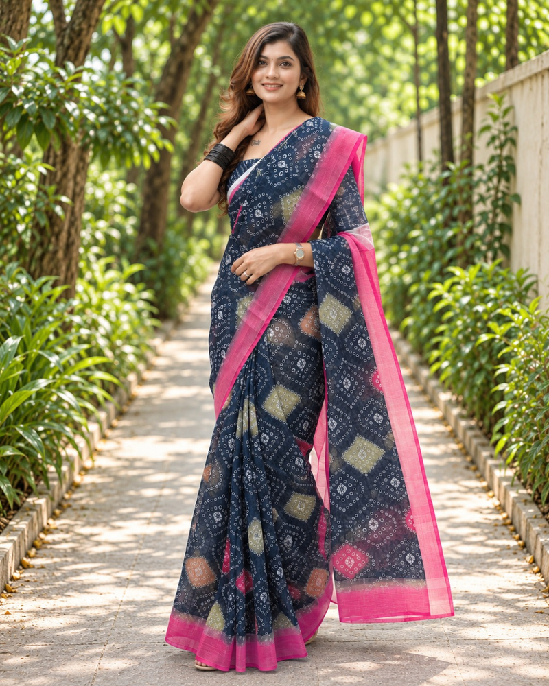 Midnight Bandhej Tile Print Chanderi Saree