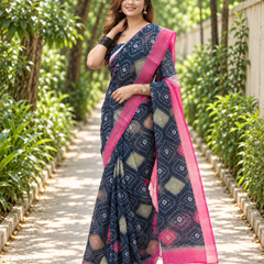 Midnight Bandhej Tile Print Chanderi Saree