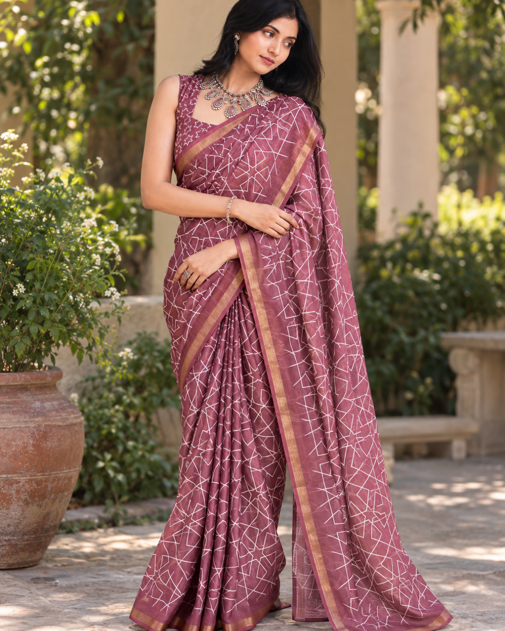 Dusty Mauve Geometric Lattice Chanderi Saree