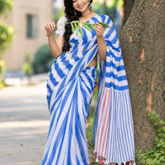 Cobalt Blue & White Bold Diagonal Striped Linen Saree