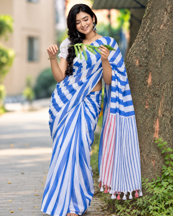 Cobalt Blue & White Bold Diagonal Striped Linen Saree