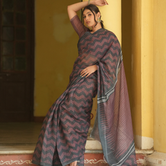 Charcoal Black & Maroon Herringbone Zigzag Linen Saree