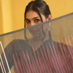 Charcoal Black & Maroon Herringbone Zigzag Linen Saree
