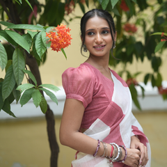 White & Crimson Red Multi-Stripe Block Linen Saree