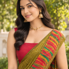 Olive Green Leaf Sketch Multicolor Border Saree