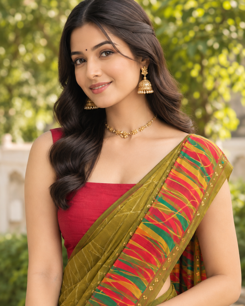 Olive Green Leaf Sketch Multicolor Border Saree