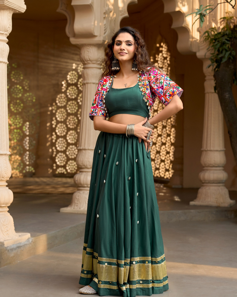 Forest Green Cowrie Embroidered Chaniya Choli