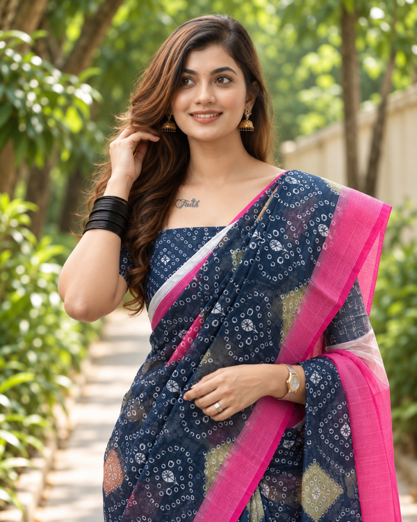 Midnight Bandhej Tile Print Chanderi Saree