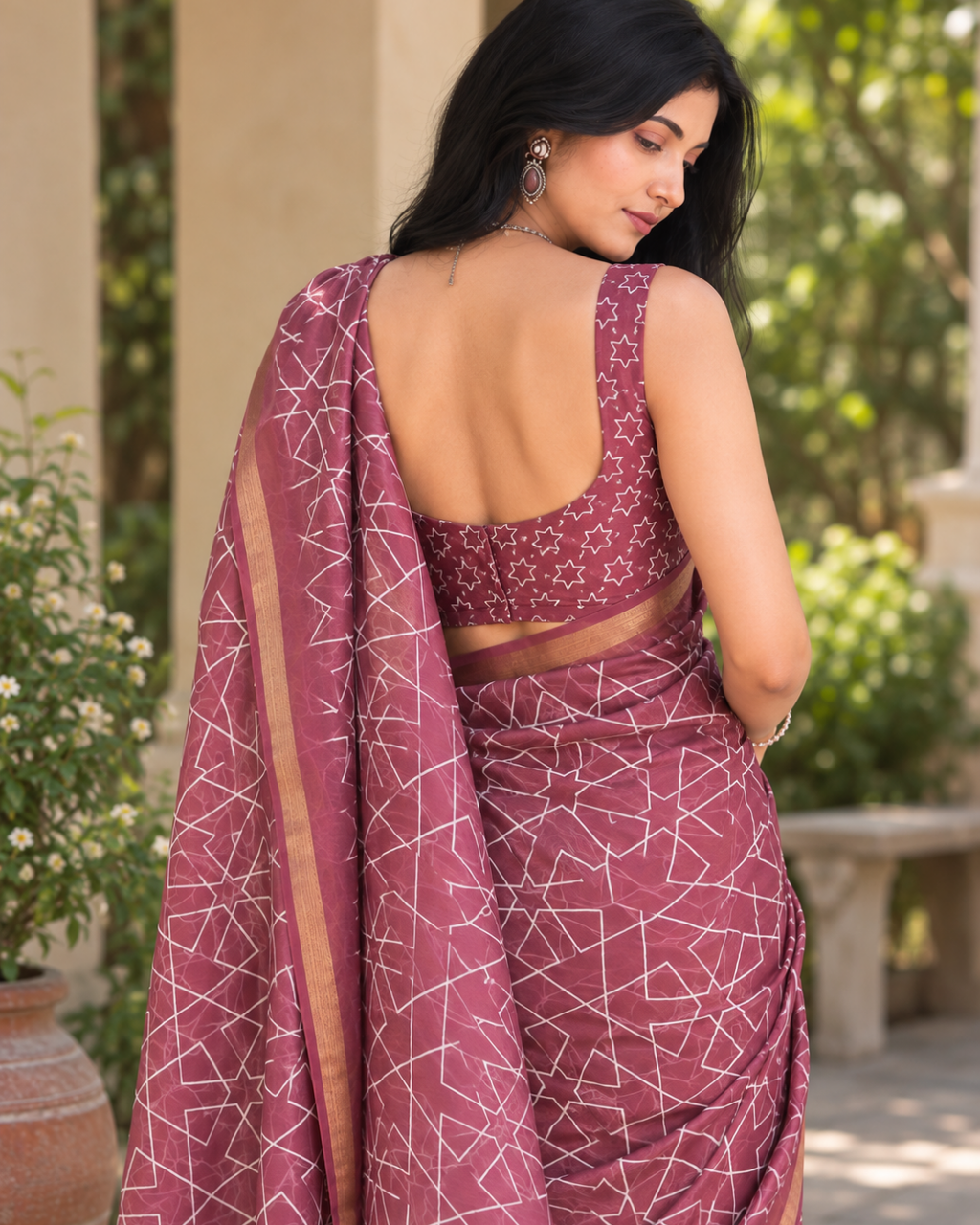 Dusty Mauve Geometric Lattice Chanderi Saree