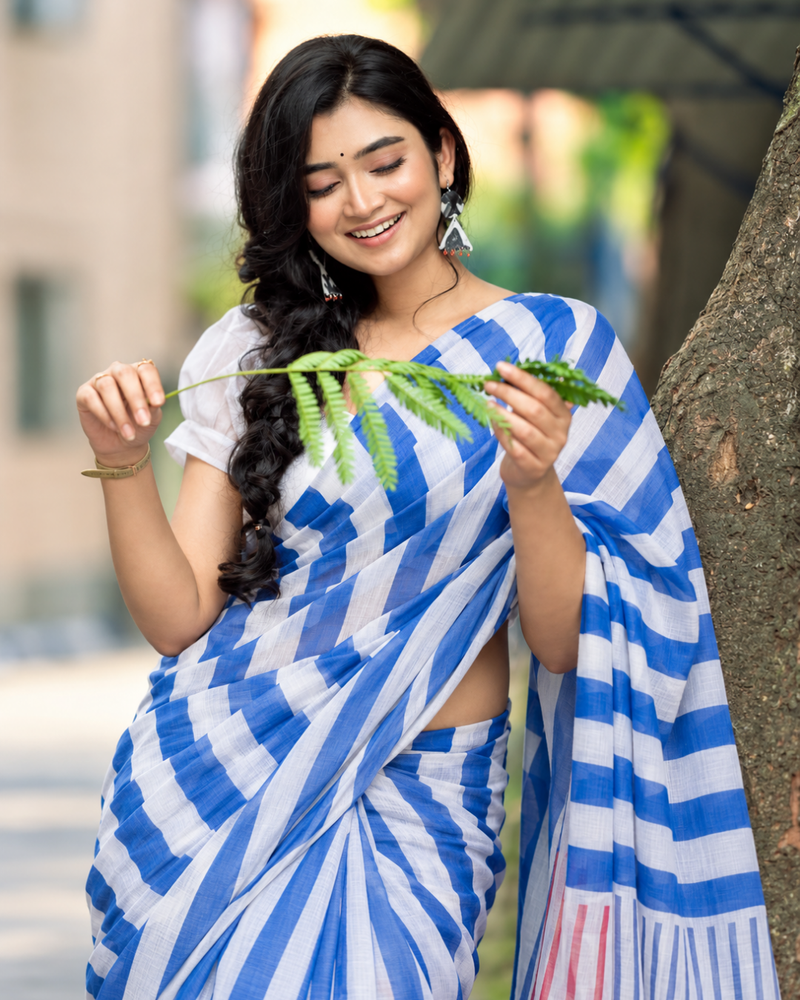 Cobalt Blue & White Bold Diagonal Striped Linen Saree