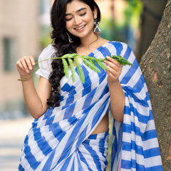 Cobalt Blue & White Bold Diagonal Striped Linen Saree